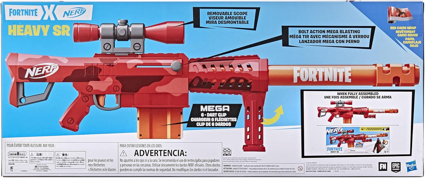 NERF Fortnite Heavy SR Blaster Scope, Big Blaster, 6 Mega Darts, 6-Dart Clip, Kids Toy Foam Blasters, Fortnite Toys for Boys and Girls