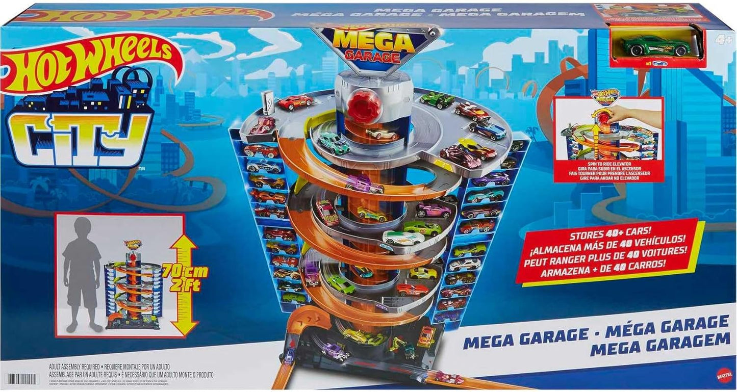 Hot Wheels City Mega Garage Playset with Corkscrew Elevator & Storage for 60+ Cars, Includes 1 1:64 Scale Vehicle