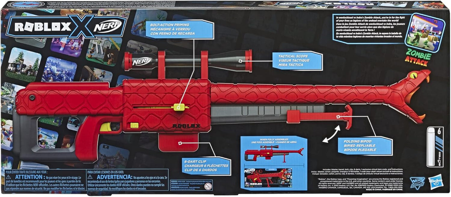 NERF Roblox Zombie Attack: Viper Strike Sniper-Inspired Blaster with Scope, Code for Exclusive Virtual Item