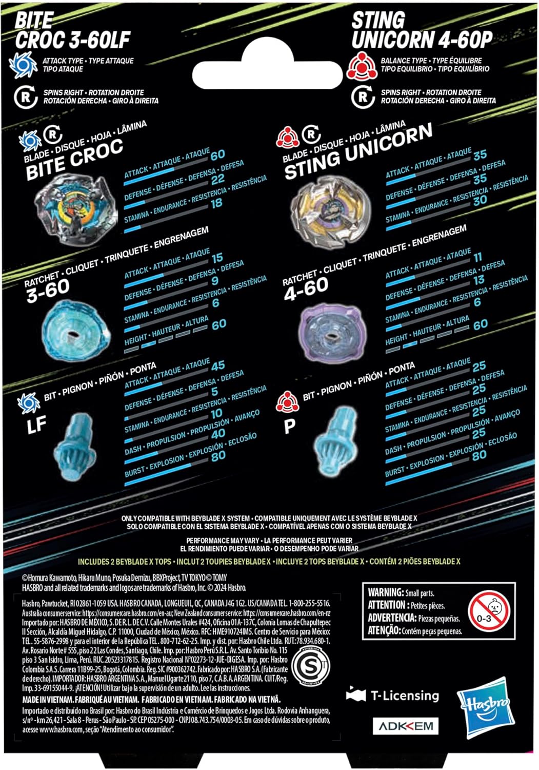 Beyblade X Bite Croc 3-60LF and Sting Unicorn 4-60P Dual Pack Set with 2 Right-Spinning Tops