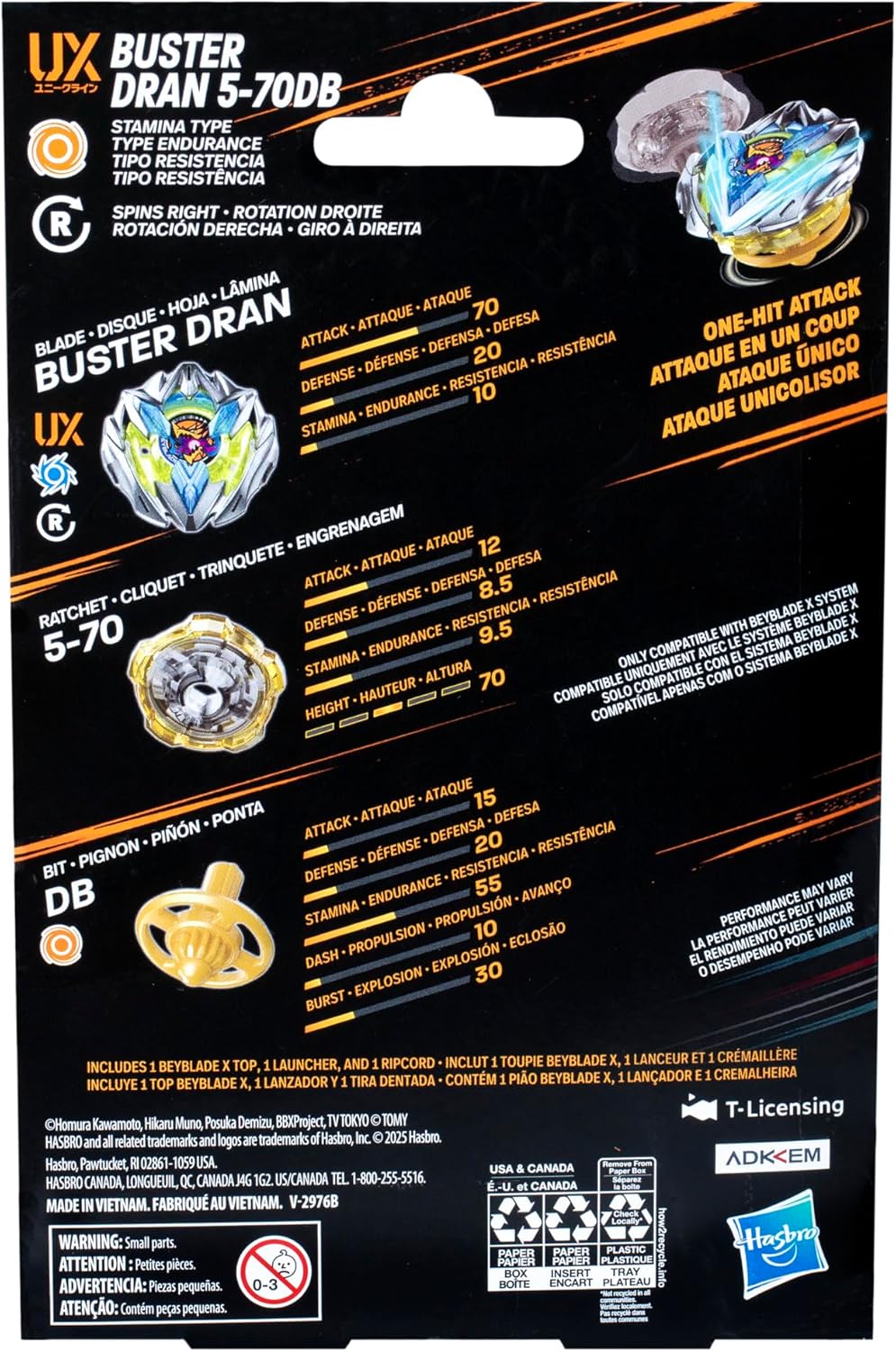 Beyblade X Buster Dran 5-70DB UX Starter Pack Set with Stamina Type Top and Launcher