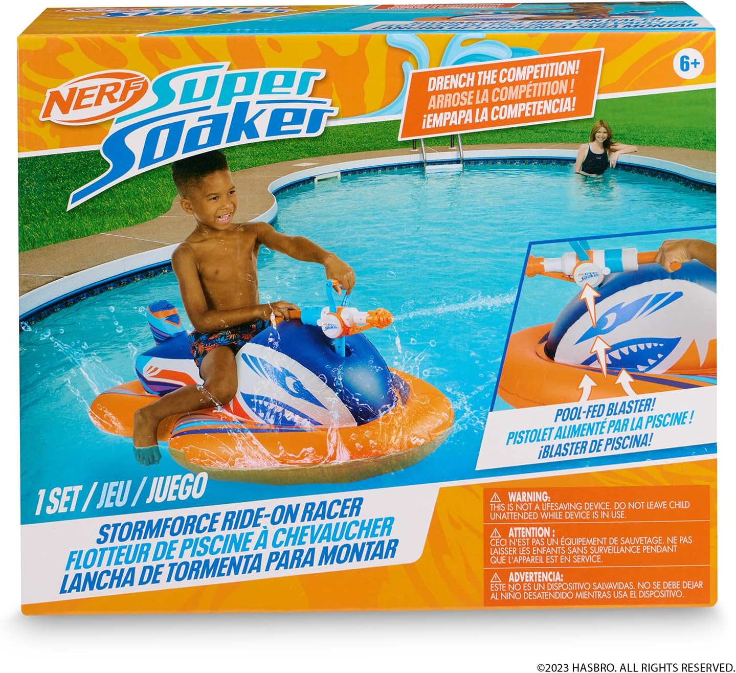 Nerf Super Soaker Stormforce Ride-On Racer – Inflatable Pool Float with Pool-Fed Mega Water Blaster