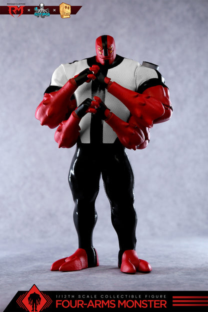 Collectible figure of the Four-Arms Monster with red, black, and white costume on a gray background.