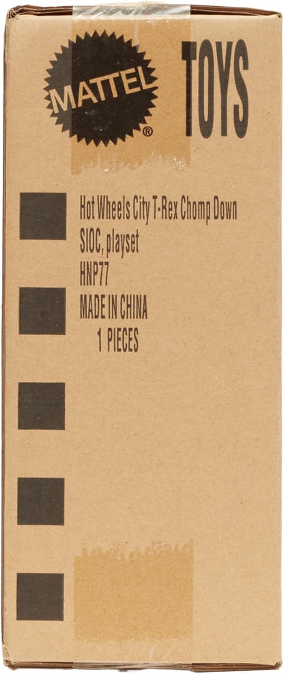 Hot Wheels City Toy Car Track Set, T-Rex Chomp Down with 1:64 Scale Vehicle, Knock Out The Giant Dinosaur with Stunts, Connects to Other Sets