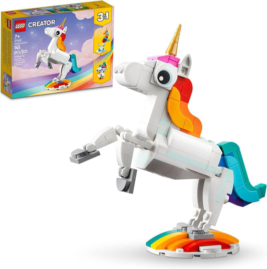 LEGO Creator 3 in 1 Magical Unicorn Toy, Transforms from Unicorn to Seahorse to Peacock, Rainbow Animal Figures