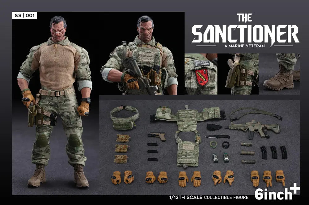 6inch+ Sanctioner collectible action figure set in 1/12th scale, featuring a Marine Veteran figure with multiple views, accessories, and interchangeable parts displayed on a dark background.