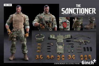 6inch+ Sanctioner collectible action figure set in 1/12th scale, featuring a Marine Veteran figure with multiple views, accessories, and interchangeable parts displayed on a dark background.