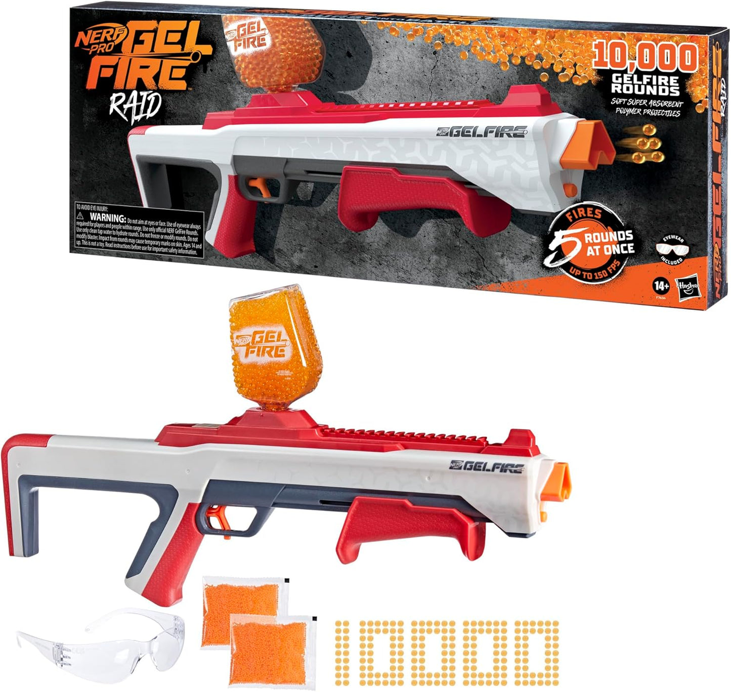 NERF Pro Gelfire Raid Blaster, Fire 5 Rounds at Once, 10,000 Gel Rounds, 800 Round Hopper, Eyewear, Toys for Teens Ages 14 & Up