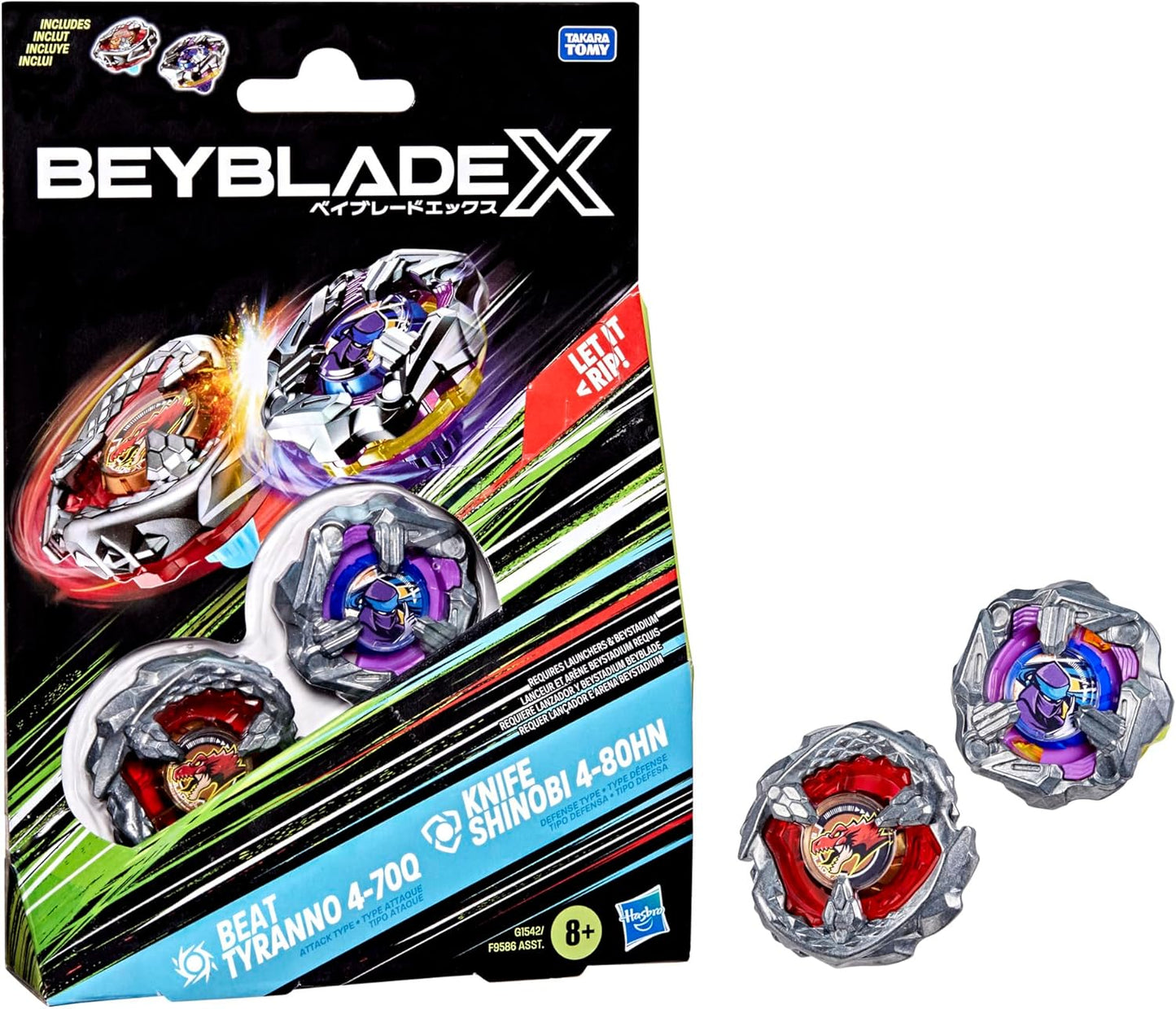 Beyblade X Beat Tyranno 4-70Q & Knife Shinobi 4-80HN Dual Pack Set with 2 Right-Spinning Tops