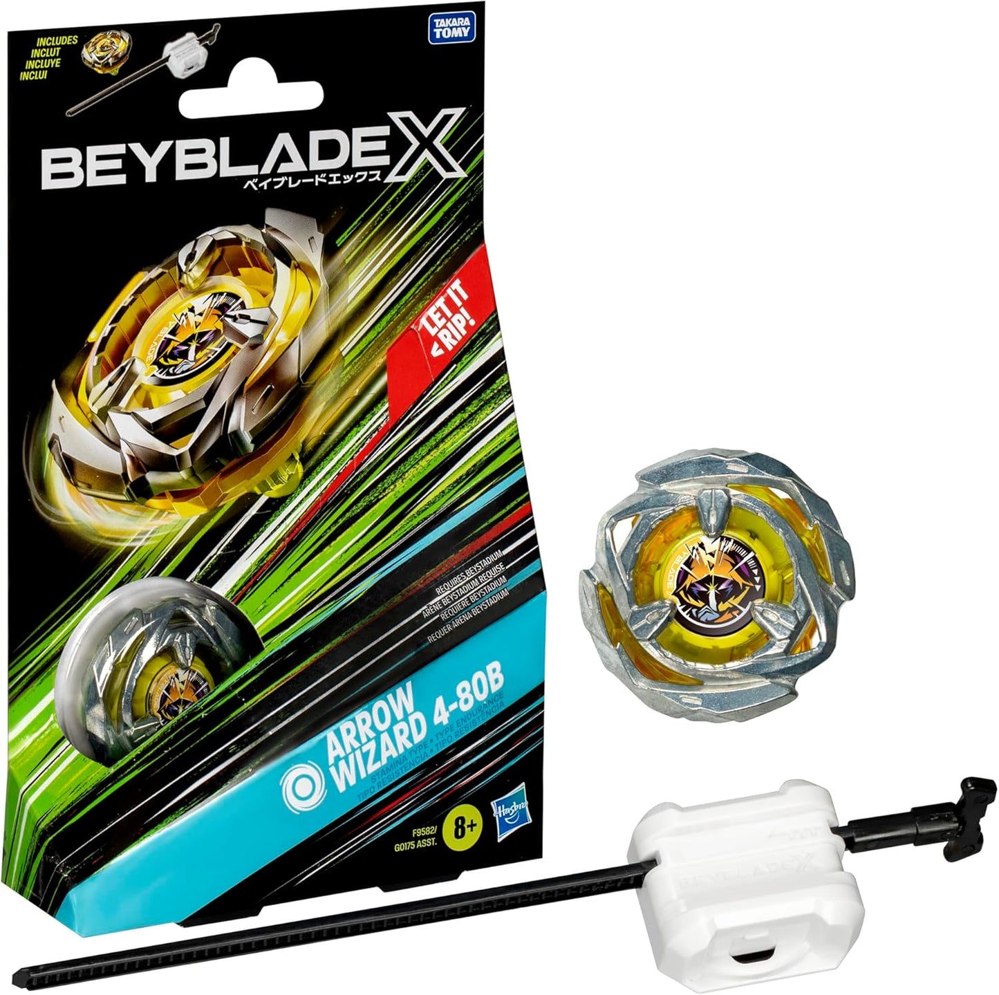 Beyblade X Arrow Wizard 4-80B Starter Pack Set with Stamina Type Right-Spinning Top and Launcher