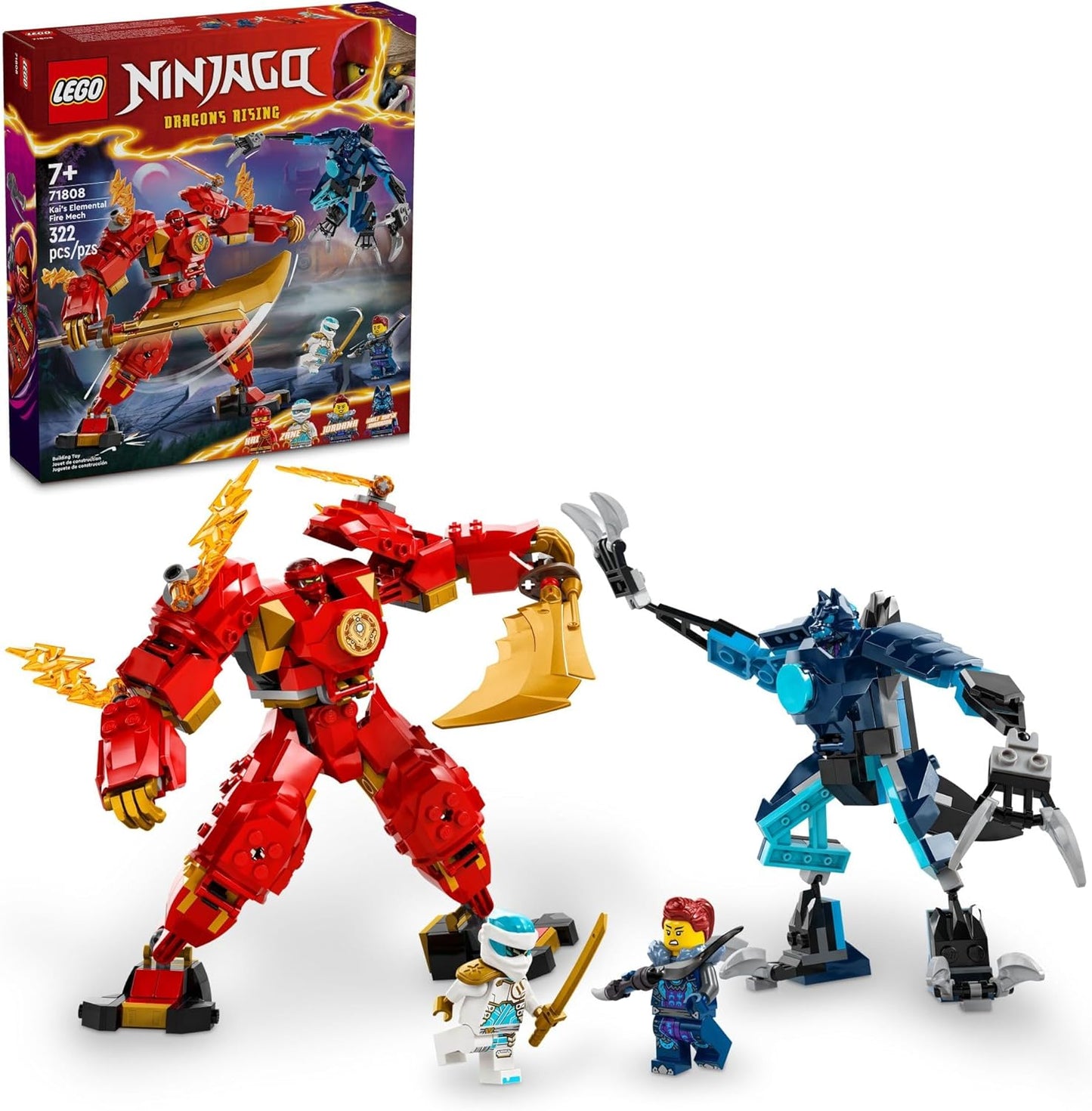 LEGO NINJAGO Kai’s Elemental Fire Mech 71808 – Ninja Action Figure Toy with Kai & Zane Minifigures – Customizable Mech Set