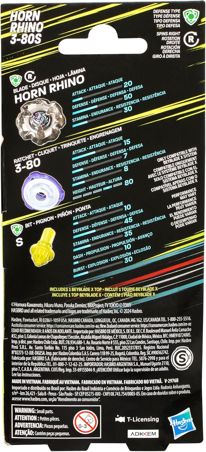 Beyblade X Horn Rhino 3-80S Booster Pack Set with Defense Type Right-Spinning Top