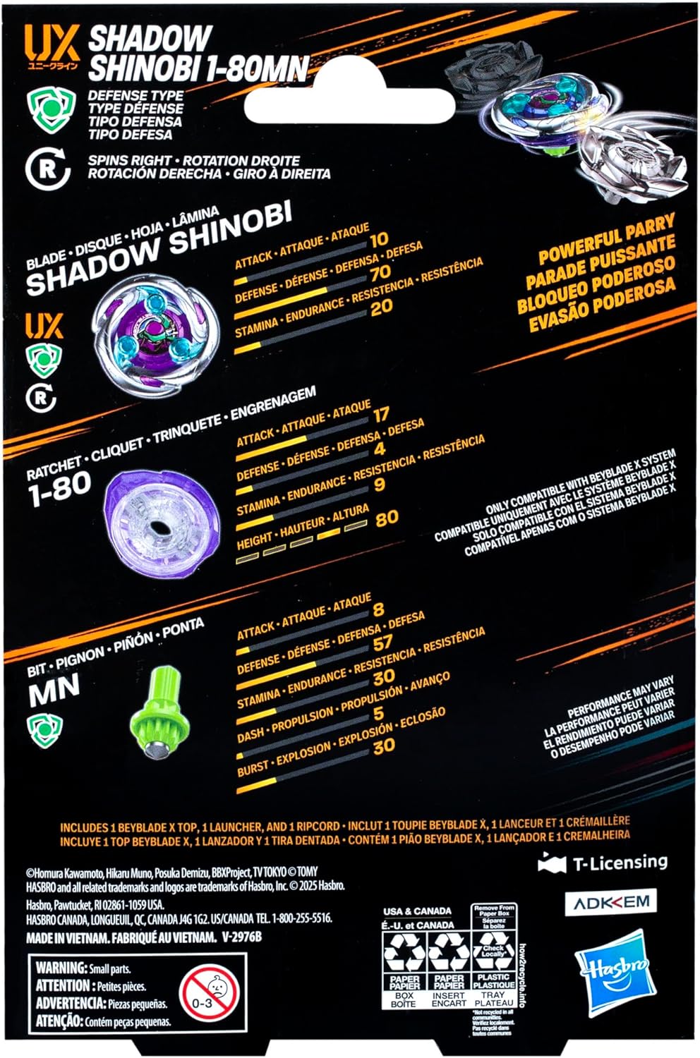 Beyblade X Shadow Shinobi 1-80MN UX Starter Pack Set with Defense Type Top and Launcher