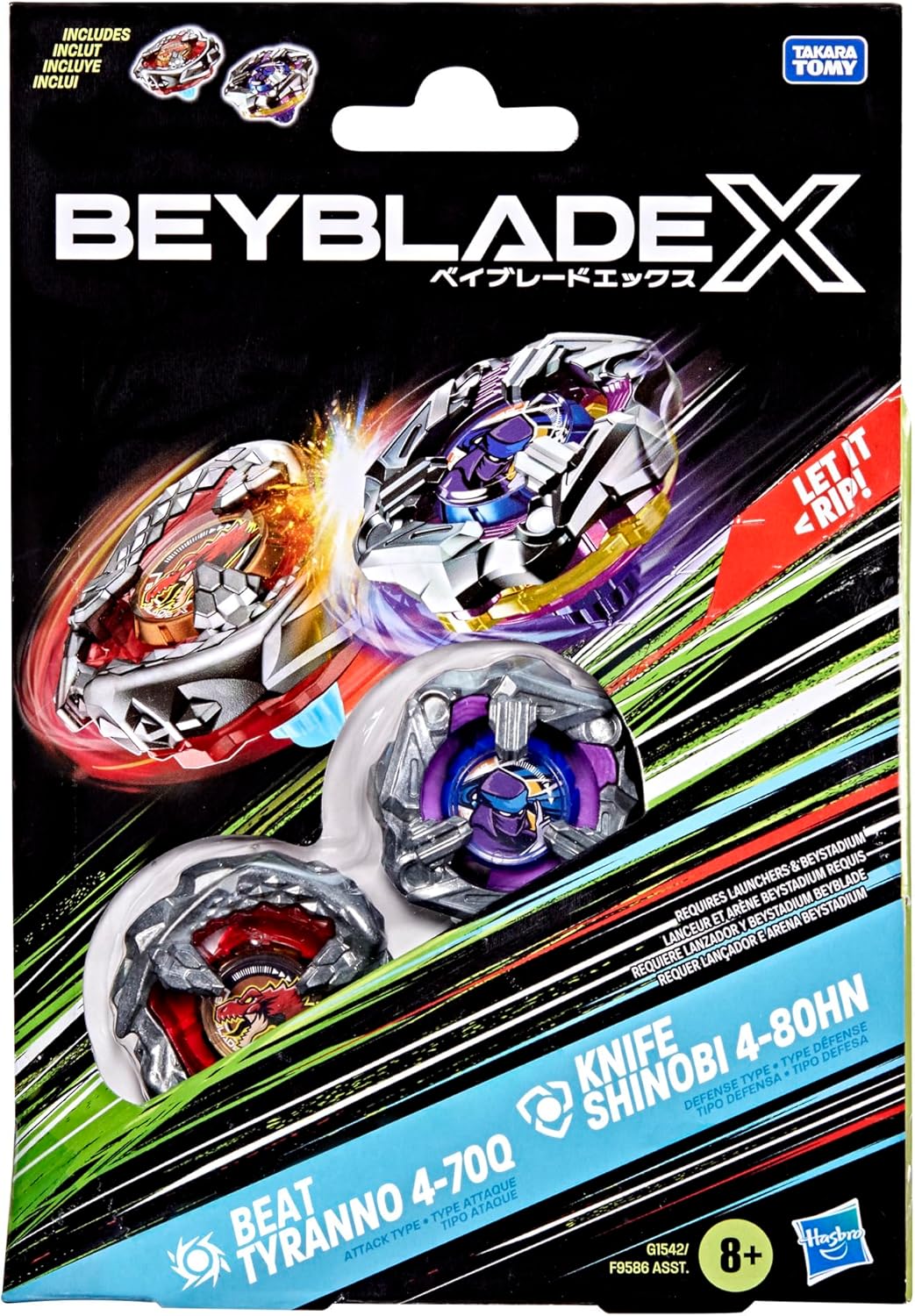 Beyblade X Beat Tyranno 4-70Q & Knife Shinobi 4-80HN Dual Pack Set with 2 Right-Spinning Tops