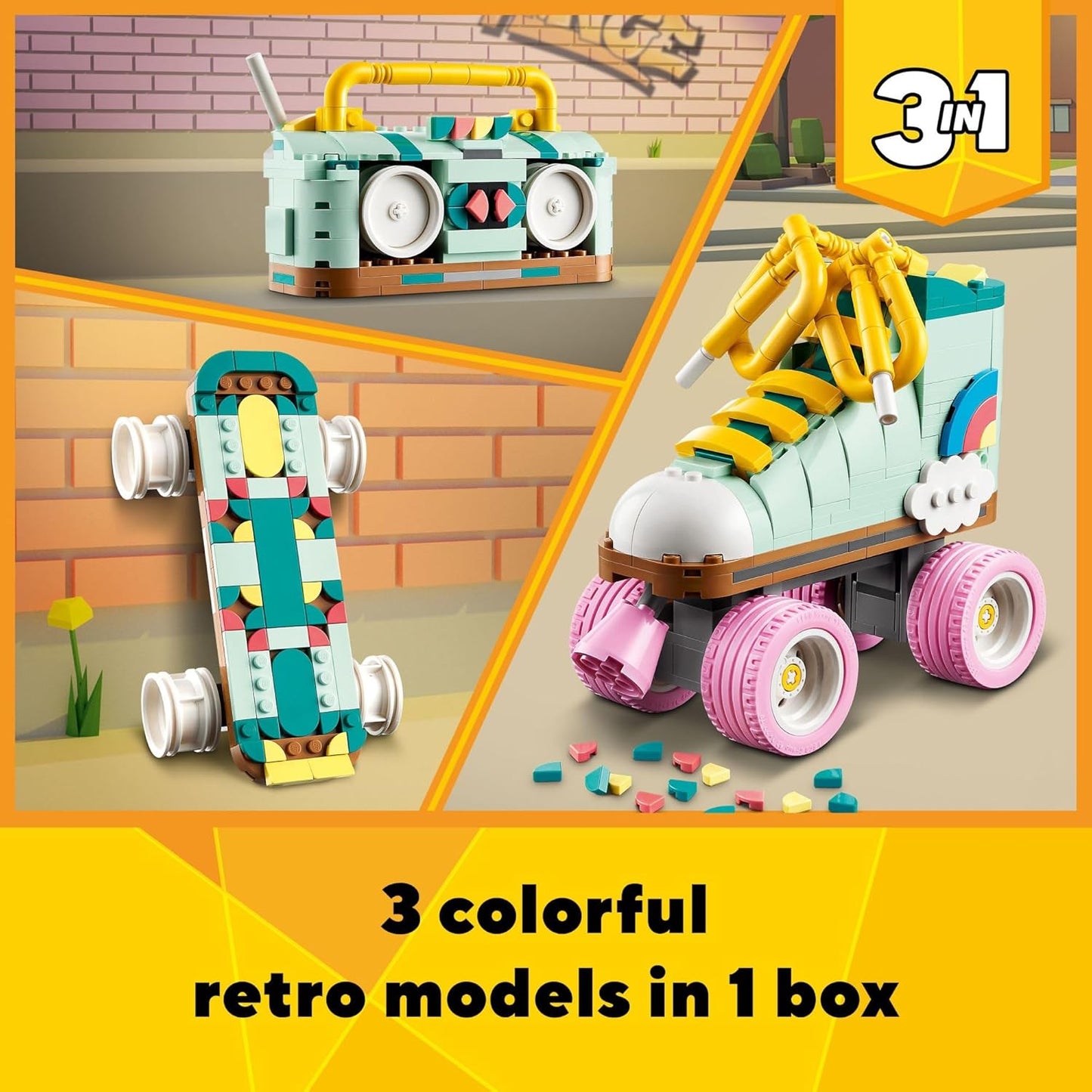 LEGO Creator 3-in-1 Retro Roller Skate Toy (31148) – Build Roller Skate, Mini Skateboard, or Boom Box – Creative Gift for Kids Ages 8+, Skaters, Boys & Girls