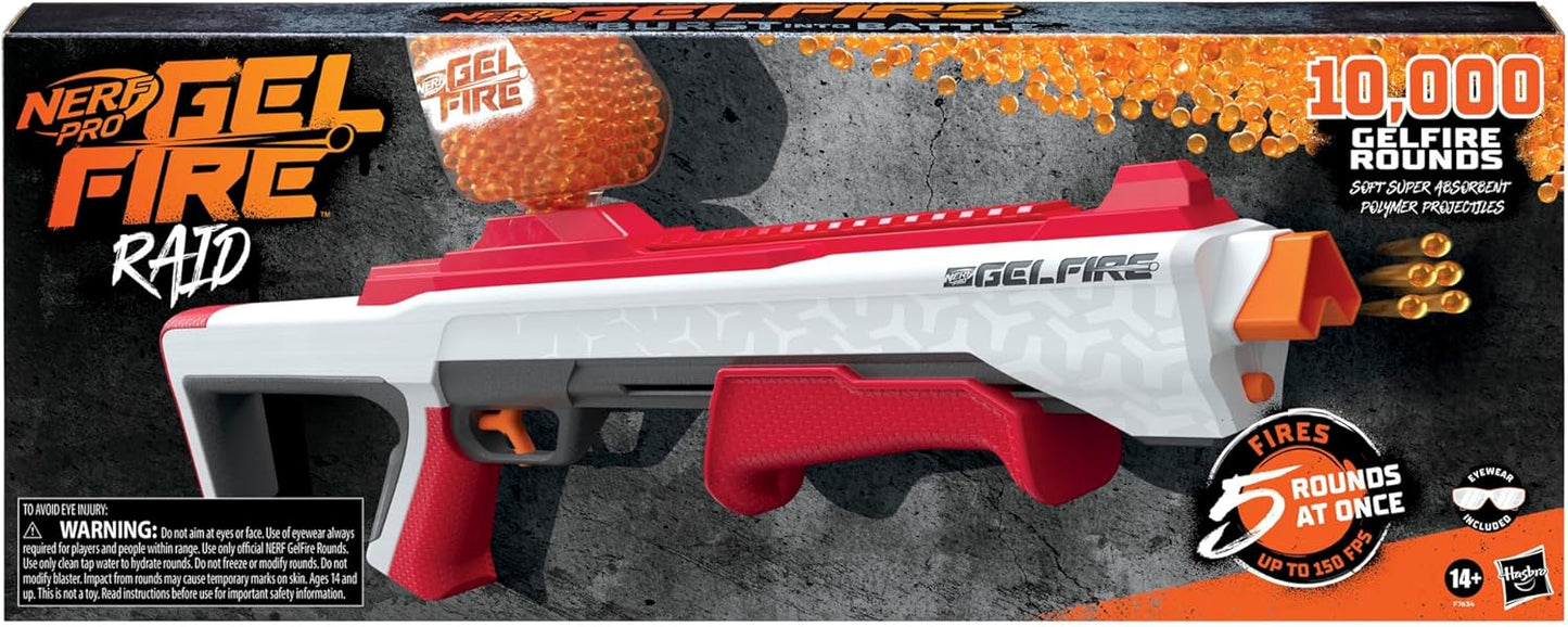 NERF Pro Gelfire Raid Blaster, Fire 5 Rounds at Once, 10,000 Gel Rounds, 800 Round Hopper, Eyewear, Toys for Teens Ages 14 & Up