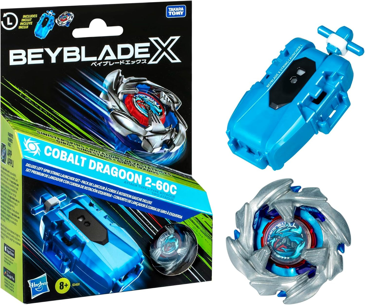 Beyblade X Cobalt Dragoon 2-60C with Attack Type & Left-Spin String Launcher Set