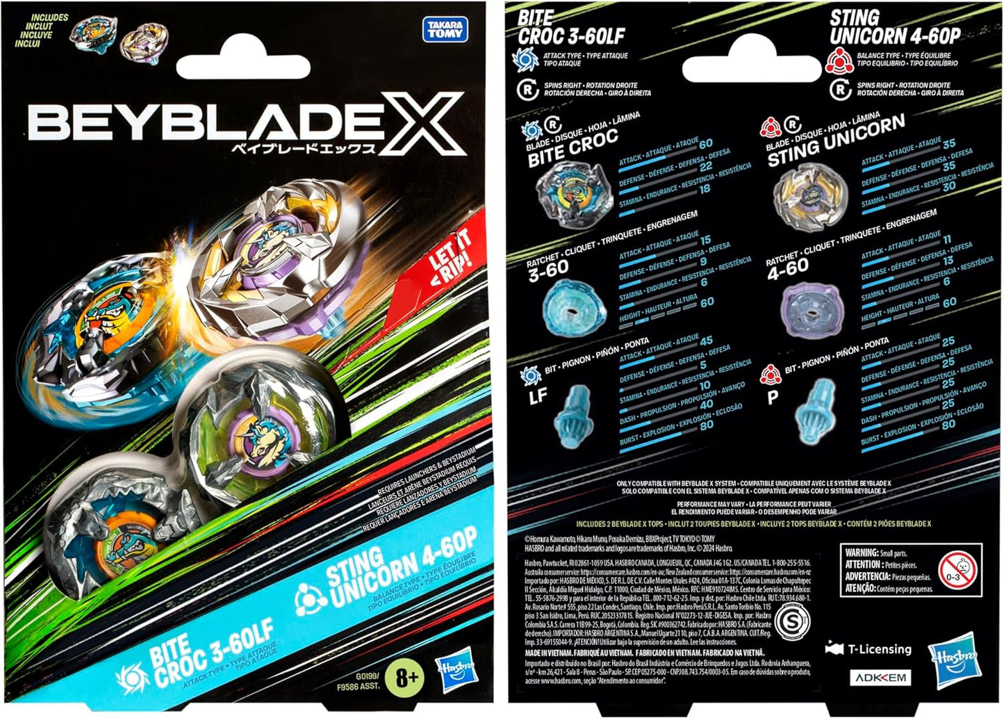 Beyblade X Bite Croc 3-60LF and Sting Unicorn 4-60P Dual Pack Set with 2 Right-Spinning Tops