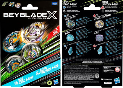 Beyblade X Bite Croc 3-60LF and Sting Unicorn 4-60P Dual Pack Set with 2 Right-Spinning Tops