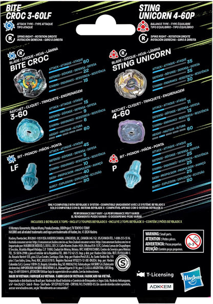 Beyblade X Bite Croc 3-60LF and Sting Unicorn 4-60P Dual Pack Set with 2 Right-Spinning Tops