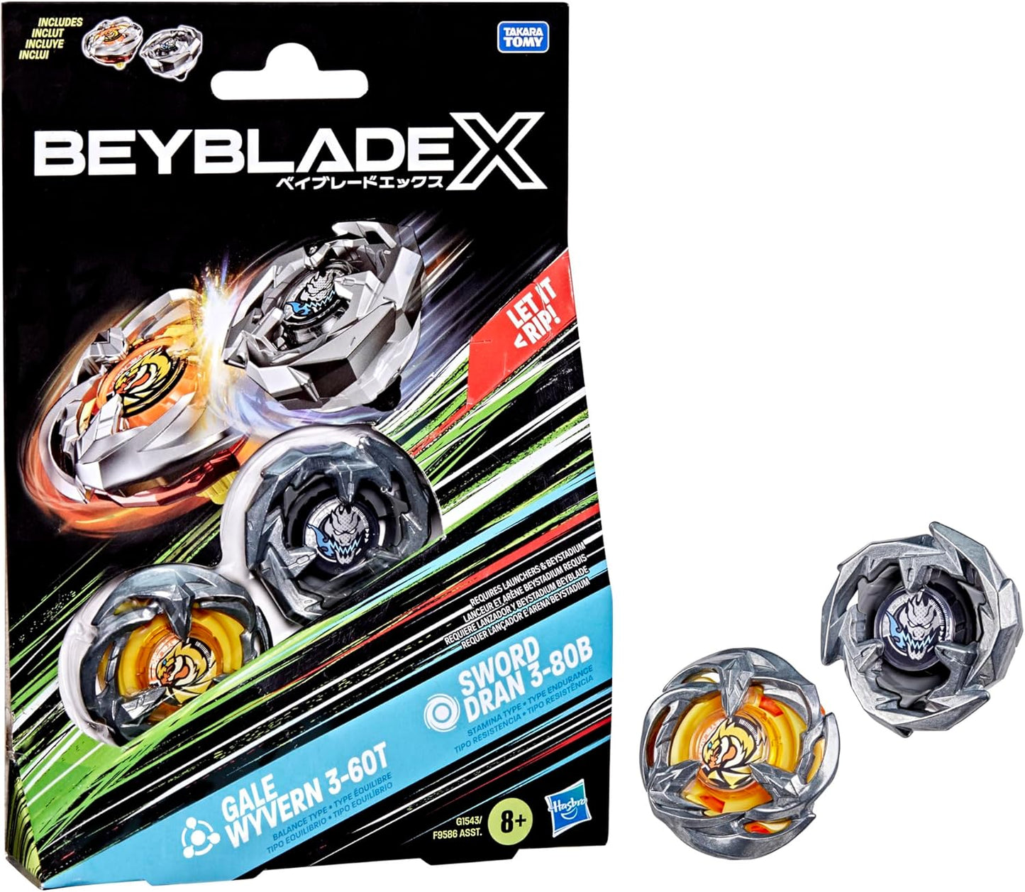Beyblade X Gale Wyvern 3-60T & Sword Dran 3-80B Dual Pack Set with 2 Right-Spinning Tops