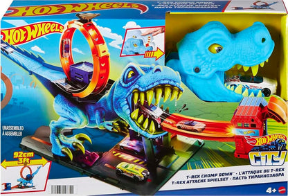 Hot Wheels City Toy Car Track Set, T-Rex Chomp Down with 1:64 Scale Vehicle, Knock Out The Giant Dinosaur with Stunts, Connects to Other Sets