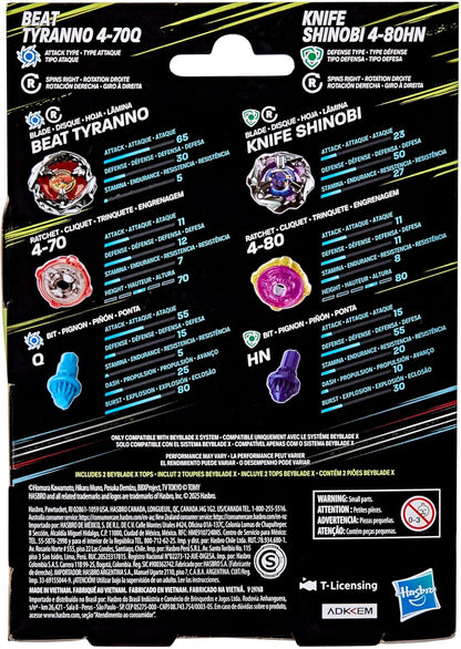 Beyblade X Beat Tyranno 4-70Q & Knife Shinobi 4-80HN Dual Pack Set with 2 Right-Spinning Tops