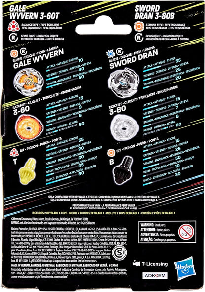 Beyblade X Gale Wyvern 3-60T & Sword Dran 3-80B Dual Pack Set with 2 Right-Spinning Tops
