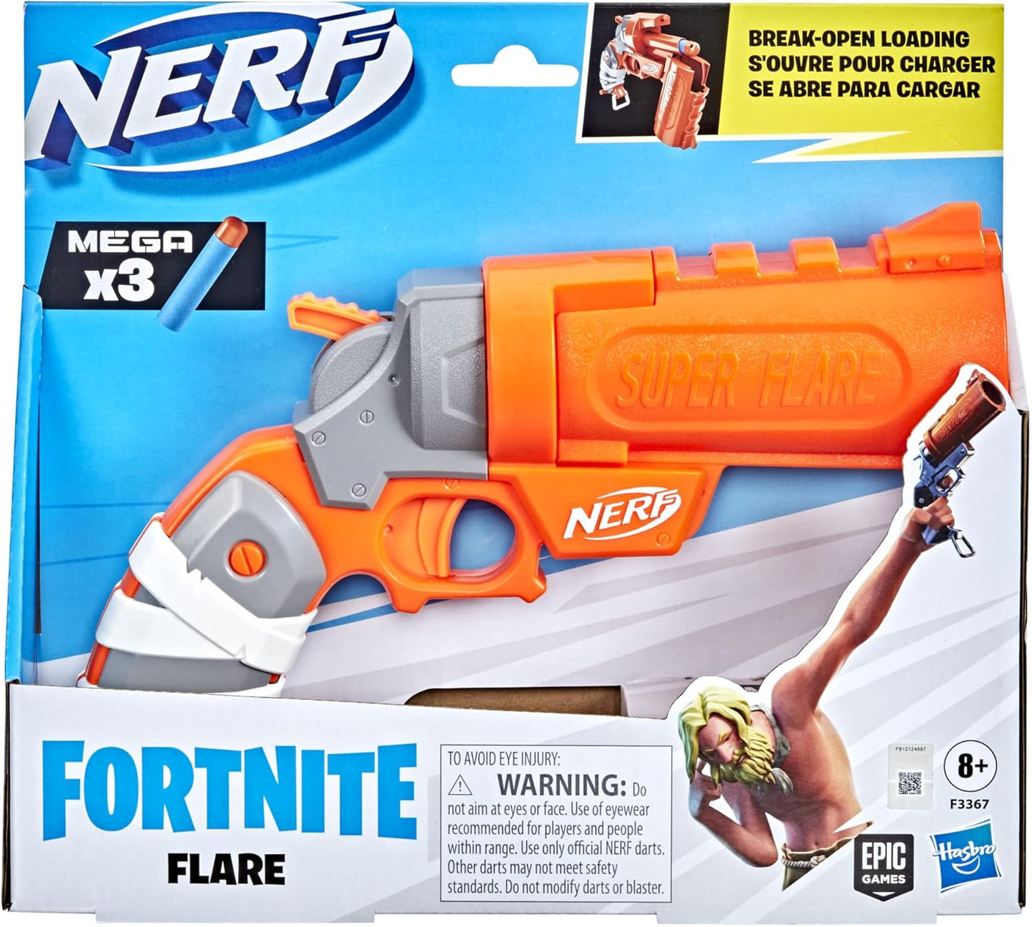 Nerf Fortnite Flare Dart Blaster, Break-Open Dart Loading, Includes 3 Mega Darts That Whistle Through The Air, Pull-Down Priming Handle