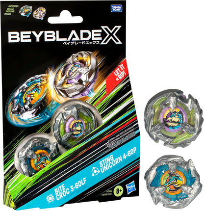 Beyblade X Bite Croc 3-60LF and Sting Unicorn 4-60P Dual Pack Set with 2 Right-Spinning Tops
