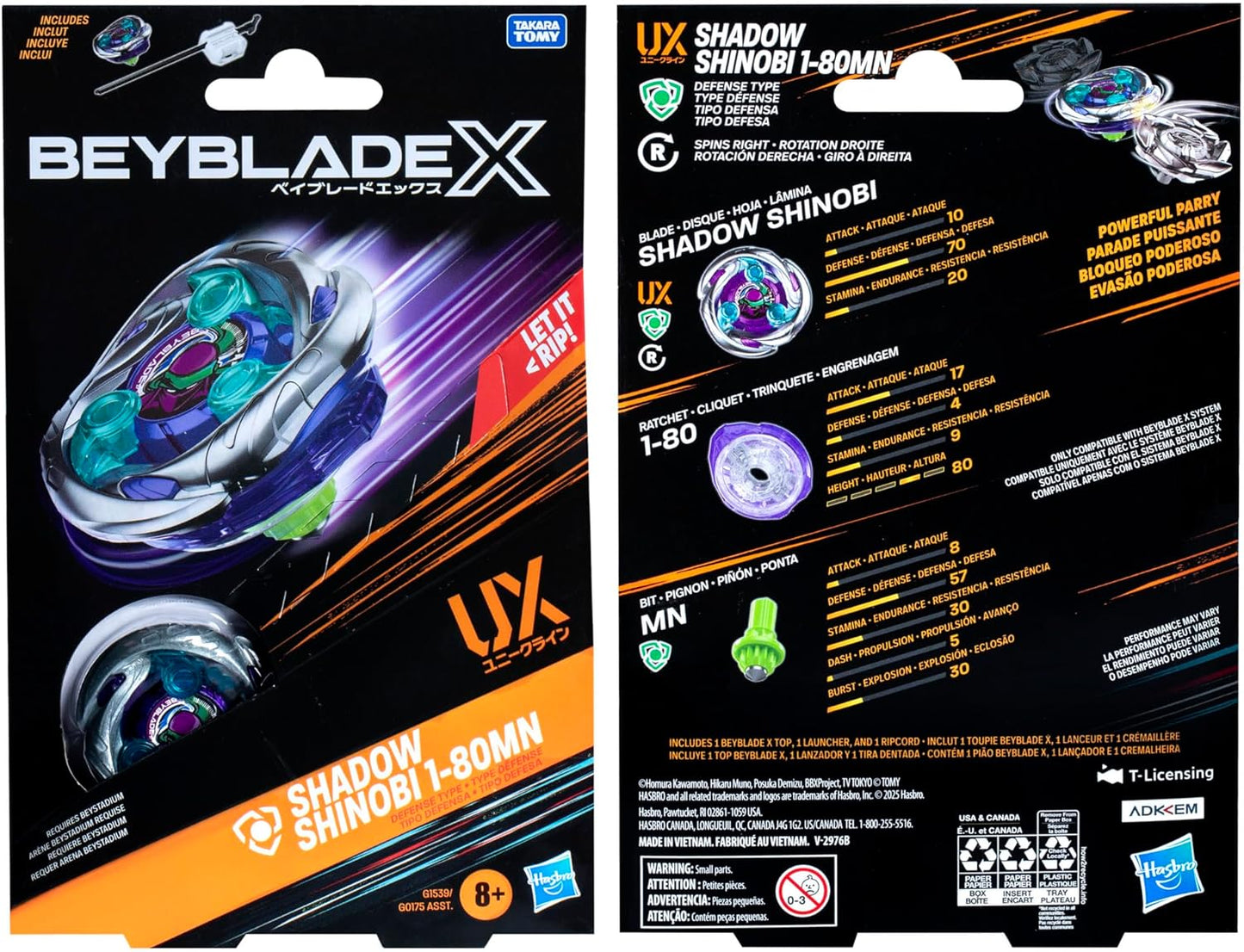 Beyblade X Shadow Shinobi 1-80MN UX Starter Pack Set with Defense Type Top and Launcher