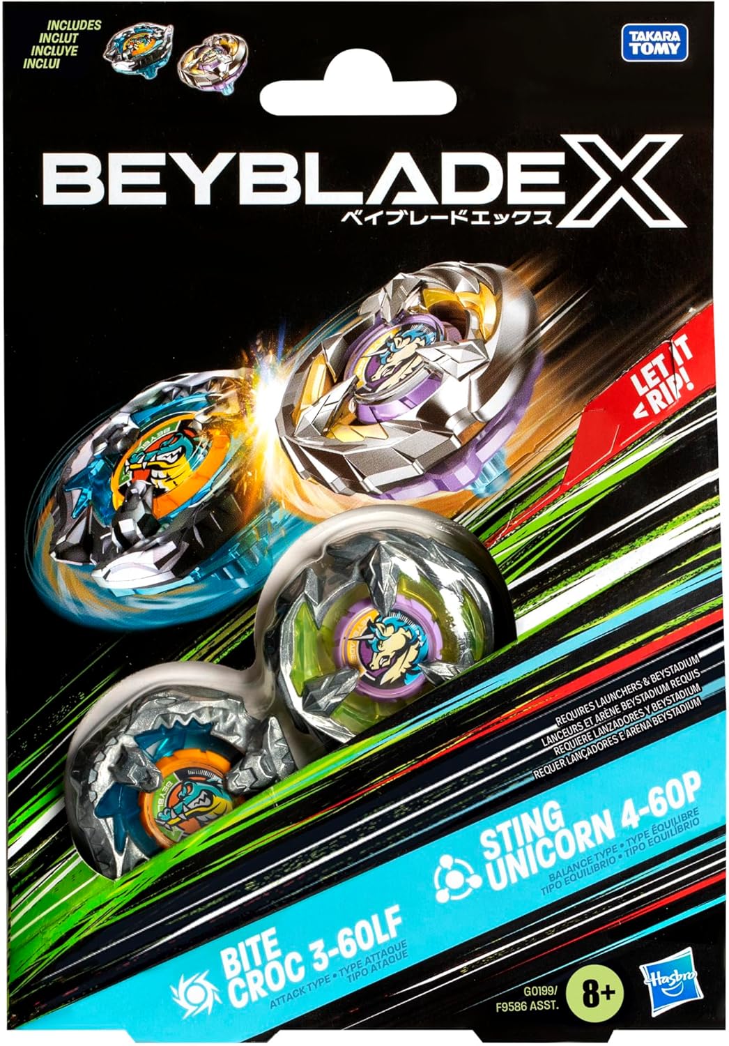 Beyblade X Bite Croc 3-60LF and Sting Unicorn 4-60P Dual Pack Set with 2 Right-Spinning Tops