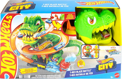 Hot Wheels Toy Car Track Set, City T-Rex Blaze Battle Playset & 1:64 Scale Die-Cast Vehicle