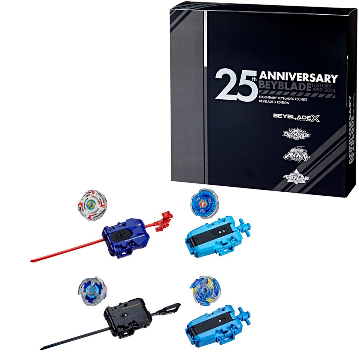 Beyblade X 25th Anniversary Set – 4 Launchers & 4 Attack Type Tops with X-Celerator Gear System