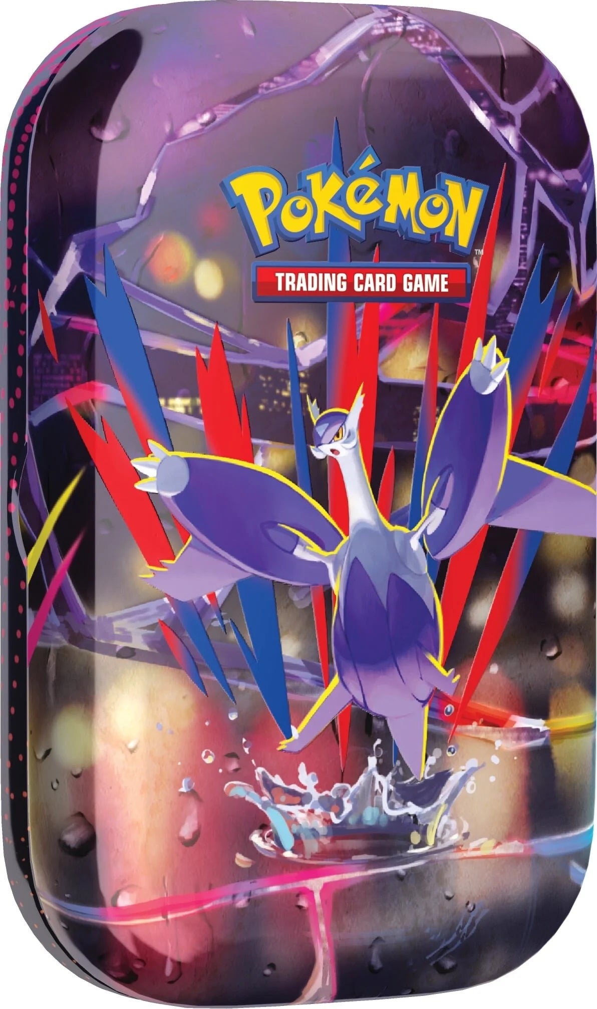 Pokémon Trading Card Game tin with a colorful design featuring Pokémon characters.