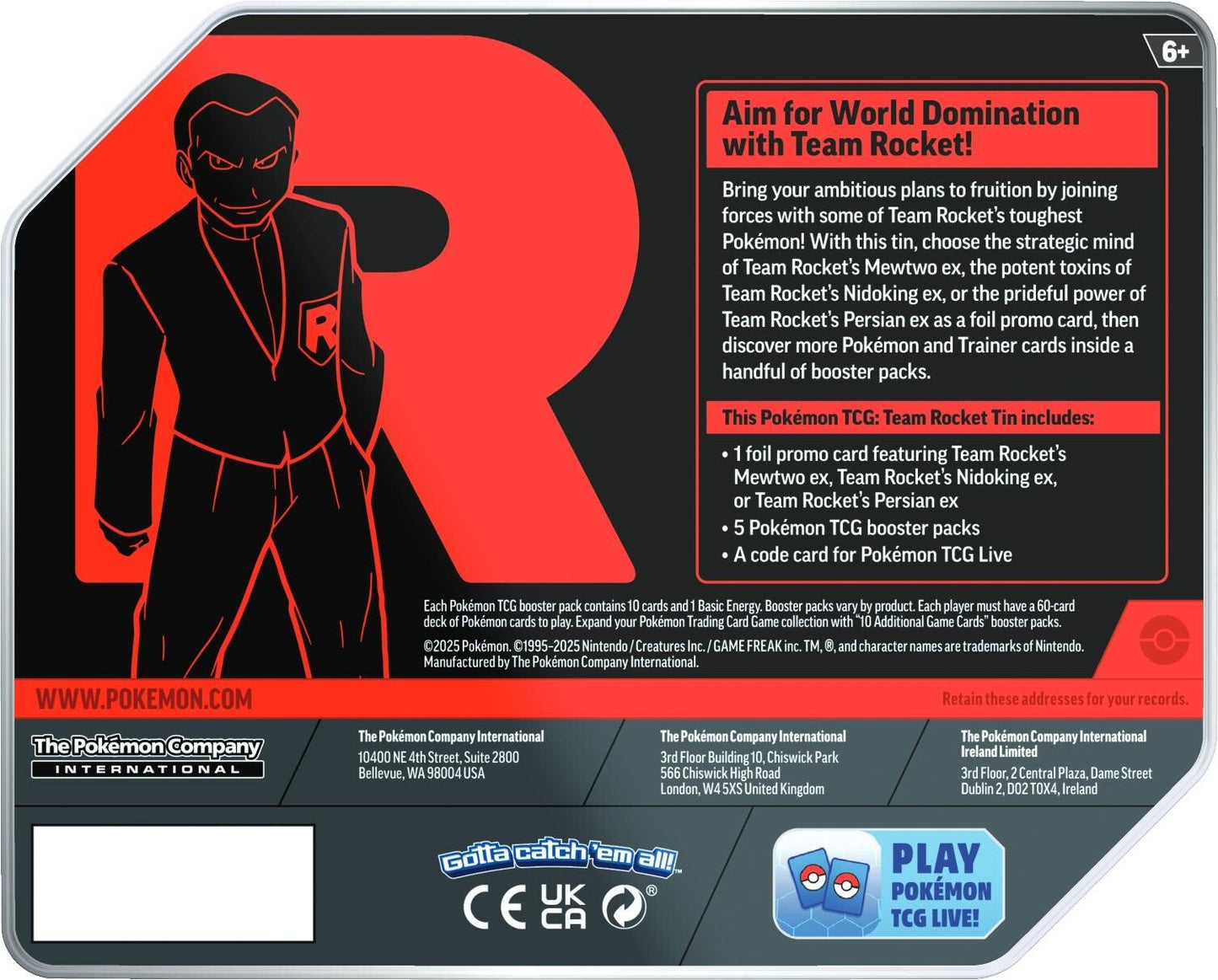 Pokémon TCG: Team Rocket Tin (Mewtwo ex, Nidoking ex, or Persian ex) – Styles May Vary